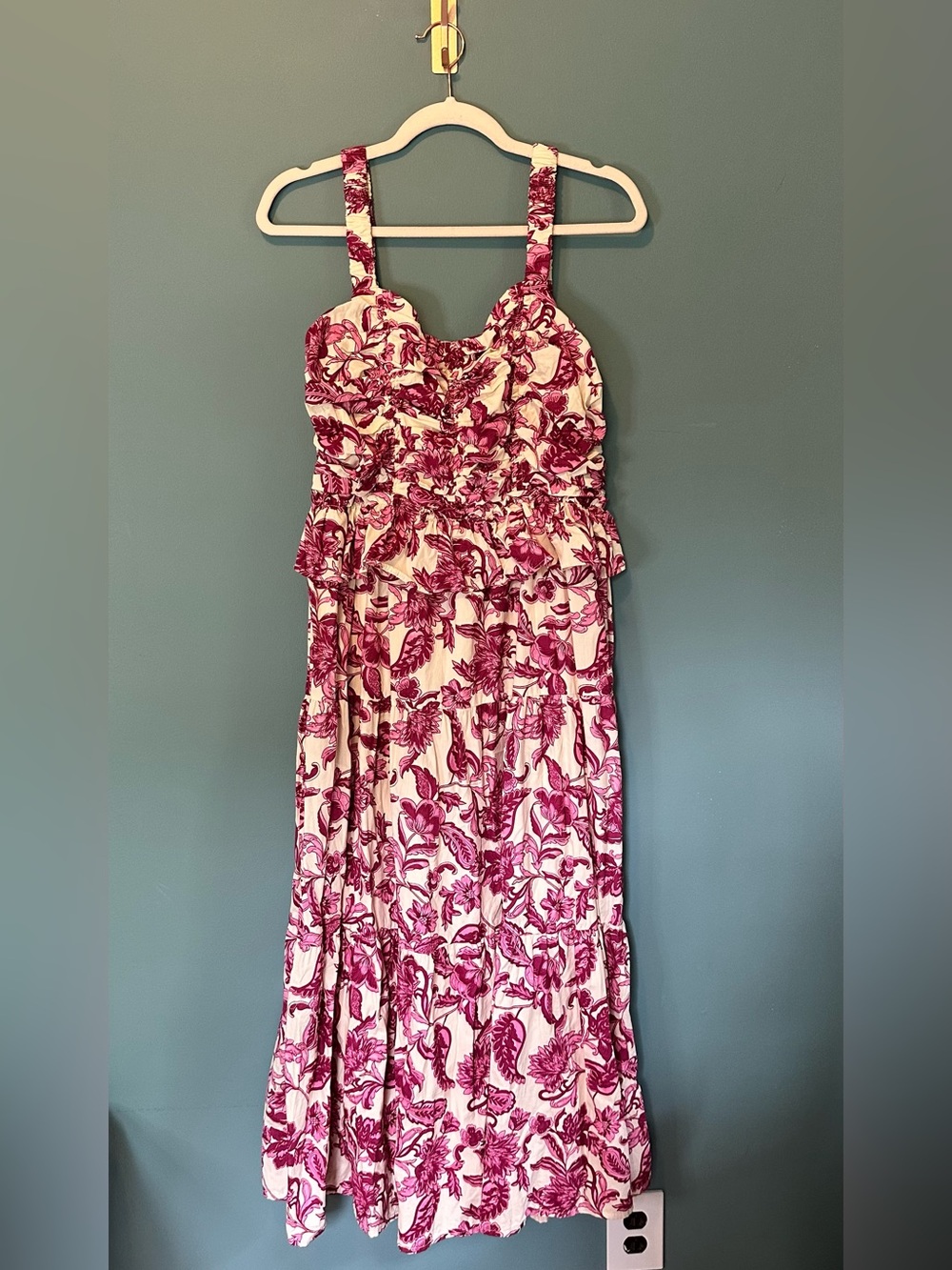 LÉA Pink Floral Cottagecore Midi Dress | Ruched Bust Peplum Sundress Medium - Picture 10 of 10